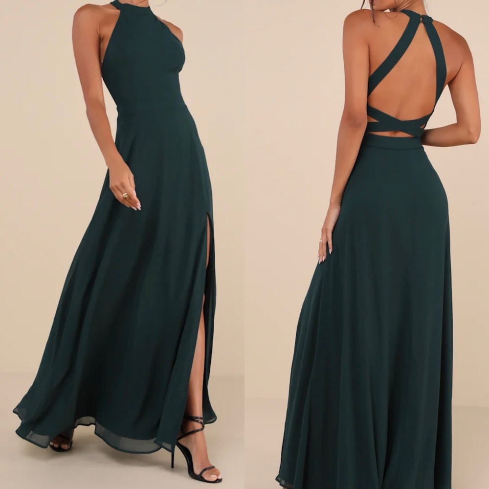 NWOT Lulus Size 1X Confidently Charismatic Emerald Backless Halter Maxi Dress